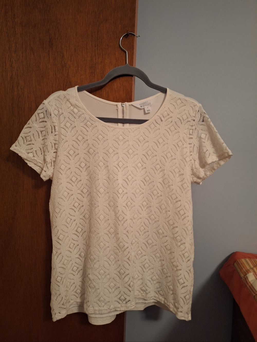 Market & Spruce Cream Lace SS Top Lined Bodice Zip Back Women's Size L